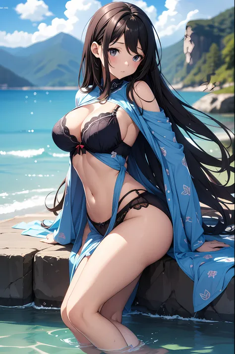 （Enrich the picture，Masterpiece level quality）Beautiful 8K CG artwork，Goddess-like posture，sittinng on the river，Postural exercises，Slim and soft，Translucent skin，Black hair、The beauty of extra-long hair, Super Long Straight Hair，The skin is fair and juicy...