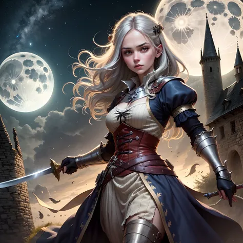 medieval times，Old castle，Silver-haired girl，Armed with a short sword，Under the moonlight，