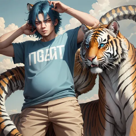 Blue hair, red eyes, fat tiger in the eyes