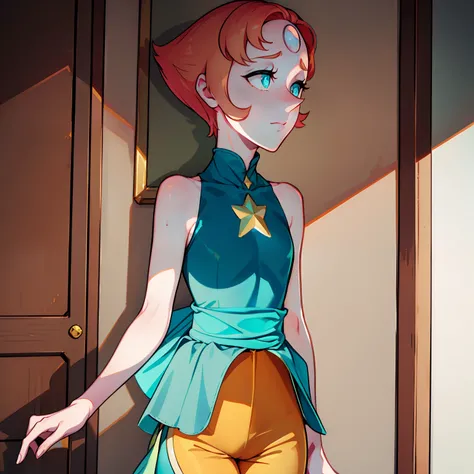 1girl, Pearl, pale, ivory complexion, light-cyan eyes, peach-colored hair, forehead gem, aqua blue tunic, cyan high-waist ribbon, yellow shorts, star emblem, swept-back hair, short hair, pearl gem, pointy nose, perfect anatomy, better hands, shy expression...