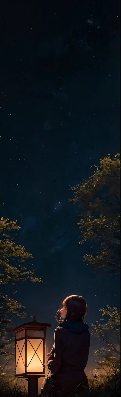 A young woman gazing upwards, bathed in moonlight, her silhouette framed against the backdrop of a star-studded sky. The stars twinkle like diamonds, and nebulae weave intricate patterns, creating a celestial tapestry above her. She stands on a grassy hill...