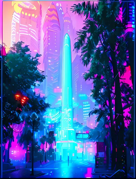 Obelisco,  town square, Futuristic construction, Neon light, Cyberpunk, Cyberpunk buildings in the background, fundo desfocado, UHD, detalhada