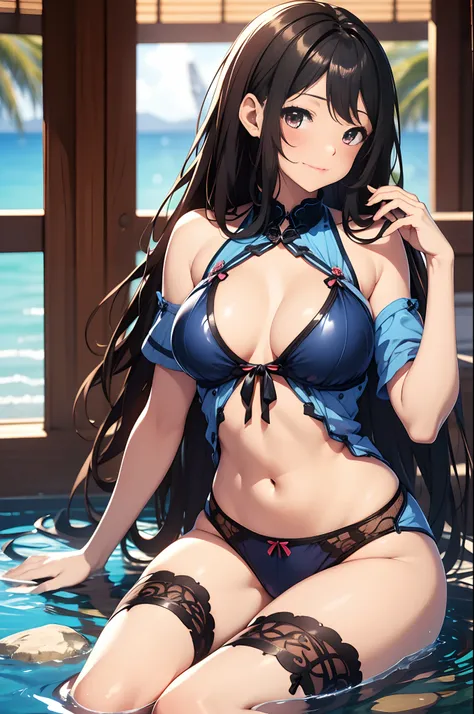 （Enrich the picture，Masterpiece level quality）Beautiful 8K CG artwork，Goddess-like posture，sittinng on the river，Postural exercises，Slim and soft，Translucent skin，Black hair、The beauty of extra-long hair, Super Long Straight Hair，The skin is fair and juicy...