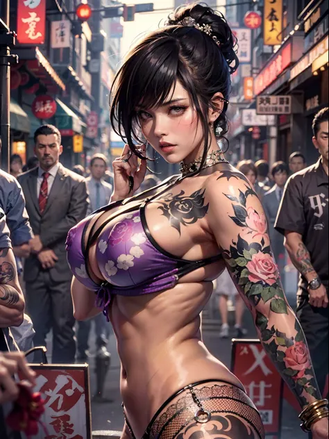 Yakuza heroine on the streets of Japan, A group of gang members stood behind，angry look，Mixed Korean，The background is blurred out，focal，电影灯光，(((tmasterpiece))), ((best qualtiy)), ((Complex and detailed)), ((ultra-realistic realism)), Ridiculous resolution...