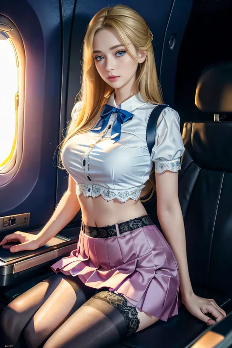 (8K, RAW photo, Best quality, Mastery:1.2), (Realistic, photo-realistic:1.2), (超高分辨率), (Ultra detailed), absurderes, 1girll, Long blonde hair，Blue pupil，pretty  face, symetrical eyes, Taiwan Baby 5, Perfect body proportion,middlebreast，（Pink flight attenda...