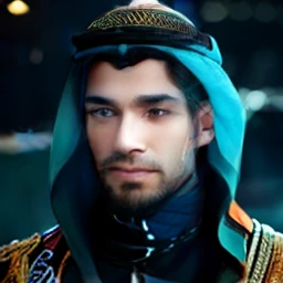 young arab eyes, sharp nose, shiny hair, face facing forward, charismatic, handsome, clean white skin, very realistic 8k resolution images, dressed in royal nobility, face looks dashing,