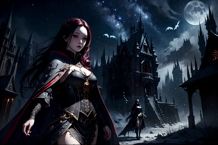 a picture of an exquisite beautiful female vampire standing under the starry night sky on the porch of her castle, dynamic angle (ultra detailed, Masterpiece, best quality), ultra detailed face (ultra detailed, Masterpiece, best quality), ultra feminine, g...