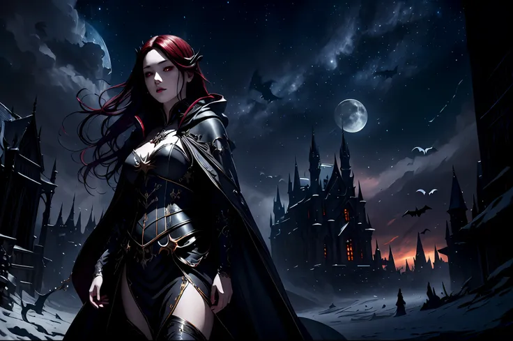 a picture of an exquisite beautiful female vampire standing under the starry night sky on the porch of her castle, dynamic angle (ultra detailed, Masterpiece, best quality), ultra detailed face (ultra detailed, Masterpiece, best quality), ultra feminine, g...