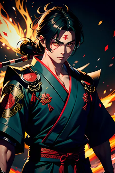 Kimono samurai Wear glowing eyes muscular handsome warrior leather outfit super detailed hyper realistic super detailed