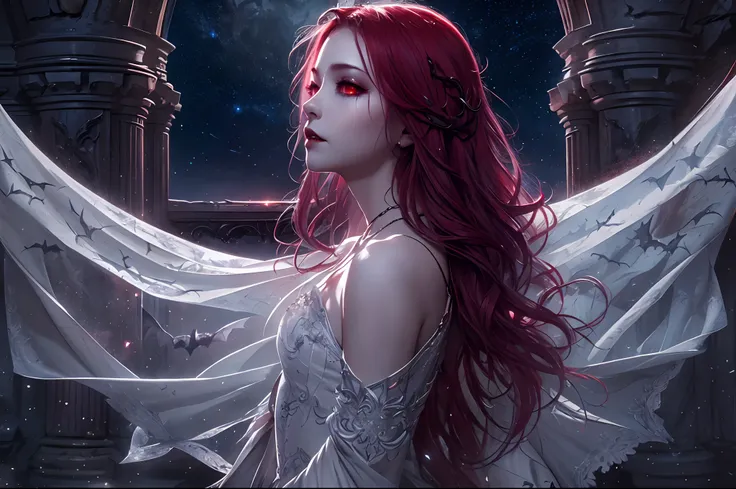 a picture of an exquisite beautiful female vampire standing under the starry night sky on the porch of her castle, dynamic angle...