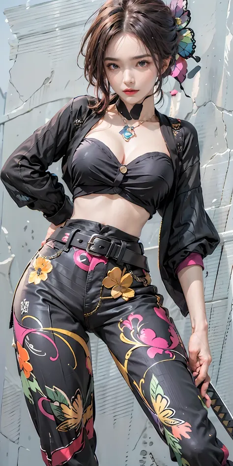 photorealistic, high resolution, soft light,1women, solo, hips up, (detailed face), nami (one piece), tattoo, jewelry,kochou shinobu,multicolored hair,no bangs,hair intakes,purple eyes,forehead,black shirt,black pants,haori,butterfly,buttons,belt, katana