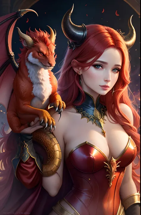 a woman with red hair and a red dragon on her shoulder, inspirado em Magali Villeneuve, Not in the style of Anne Stokes, Magali Villeneuve», estilo de arte de fantasia, Queen of Dragons, Arte de fantasia hiperrealista, Graphic artist Magali Villeneuve, the...