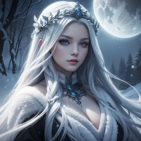 Woman with long hair, goddess of winter, gorgeous digital art, beautiful gorgeous digital art, beautiful fantasy art portrait, Cute face. Dark Fantasy, Very beautiful digital art, beautiful digital works of art, Beautiful digital art, beautiful fantasy por...