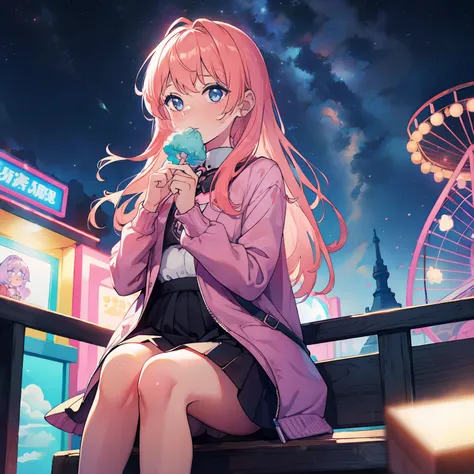 1girl, sitting in an amusement park, eat a cotton candy, night sky