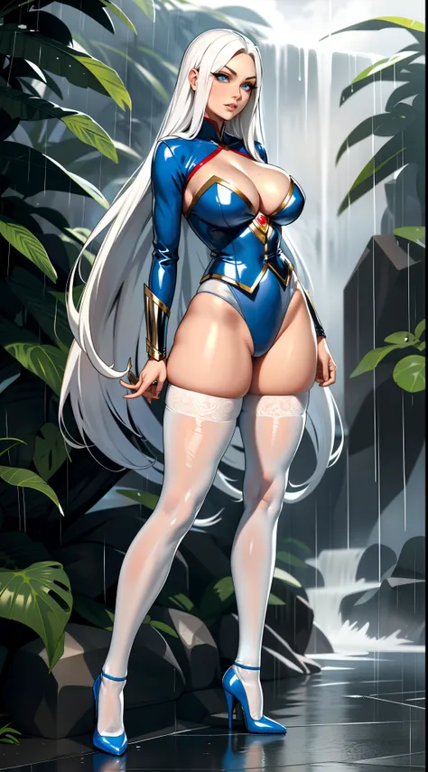 tmasterpiece，（Full body like:1.1），Busty woman，Beautiful and charming Japanese woman face，Superman blue transparent bikini style uniform，white stockings，largeeyes，blue color eyes，High-heeled leather shoes， 1female，Thin waist，long leges，nakeness，Raised sexy，...