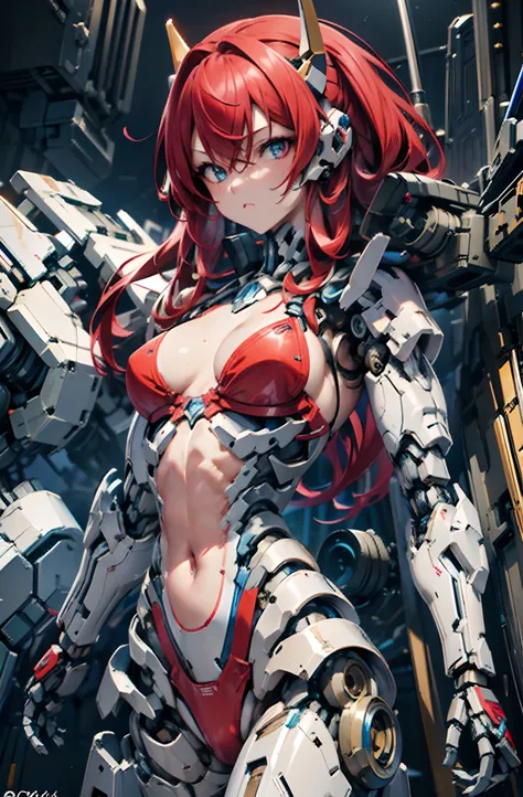 (bare chest and navel), robot, masterpiece face, masterpiece eyes, (feminine machine body), (machine joints, Mechanical skelton and Artificial muscle:1.3), mechanical skin, machine flanks, (Machine internal structure exposure:1.2), (red long hair), (mechan...