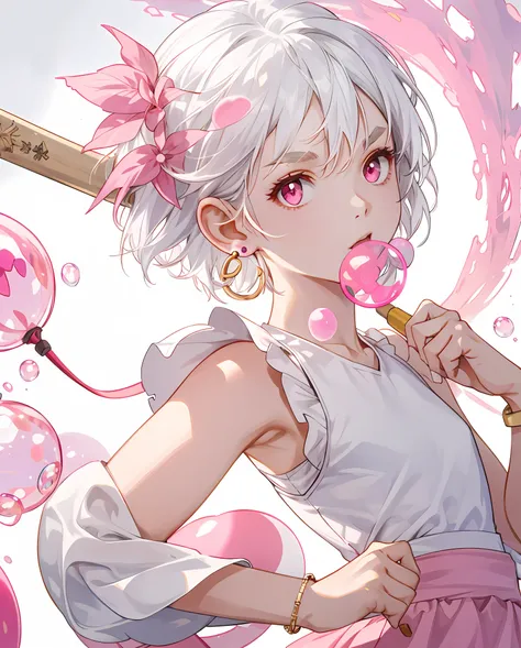 one-girl，White hair，short detailed hair，White sleeveless top，Round earrings，Pink pick dye，blowing bubble gum，Pure face，short eyebrows，With a baseball bat，Gold bracelet，Pink eyes，Double ball head