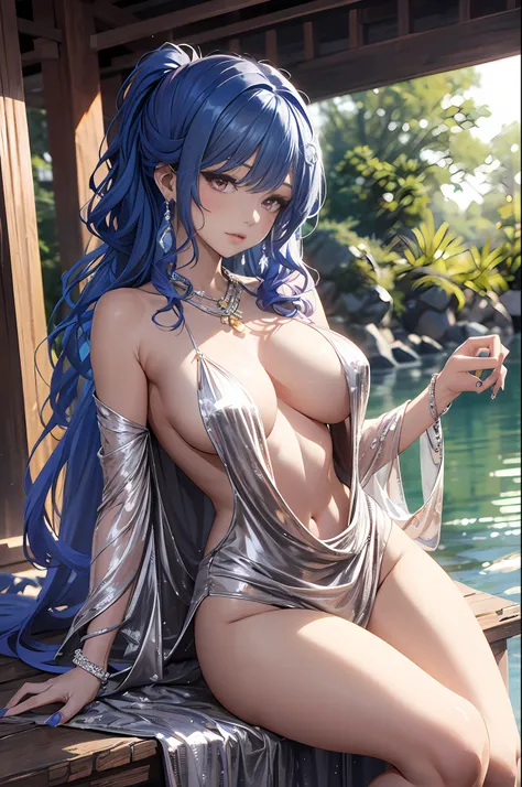 55
（Enrich the picture，Masterpiece level quality）Beautiful 8K CG artwork，Goddess-like posture，sittinng on the river，Postural exercises，Slim and soft，Translucent skin，Blue hair、The beauty of extra-long hair, Super Long Straight Hair，The skin is fair and jui...