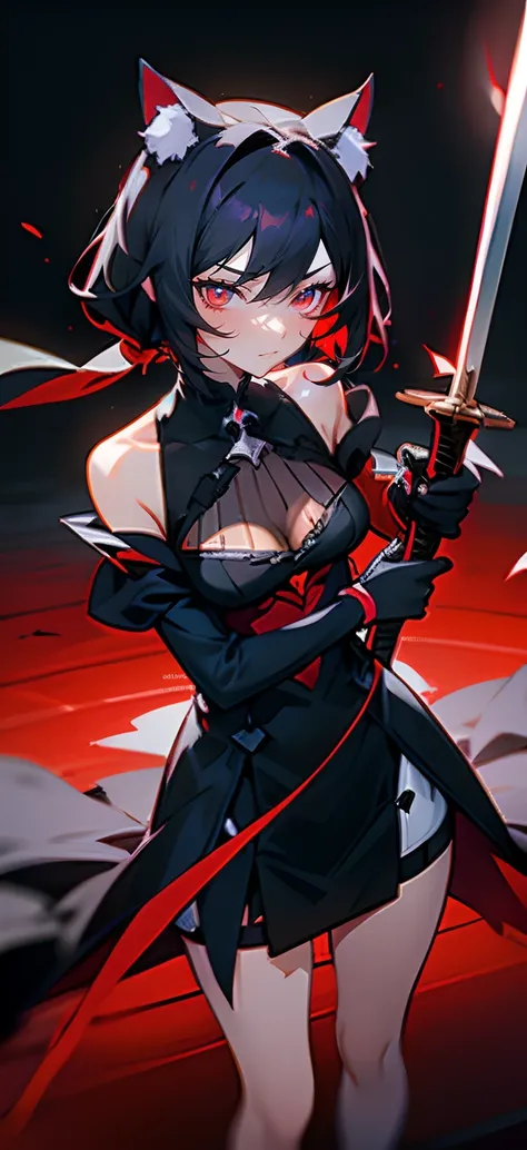 A close-up of a girl，Black hair，red color eyes，glowing light eyes，Separate the sleeves，black color dress，Cold，Perfect girly body，mediuml breasts，long leges，cat ear，black glove，the night，Lake surface，There are three cats next to it，Holding a black long swor...