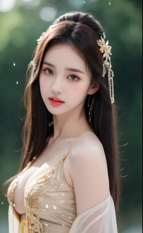 ((Best Quality, 8k, Masterpiece: 1.3)), Focus: 1.2, Perfect Body Beauty: 1.4, Buttocks: 1.2, ((Layered Haircut)), (Wet Clothes: 1.1), (Rain, Street:1.3), (Breasts: 1.2), (Hanfu: 1.2), Bare Shoulders, Bare Legs, Highly Detailed Face and Skin Texture, Fine E...