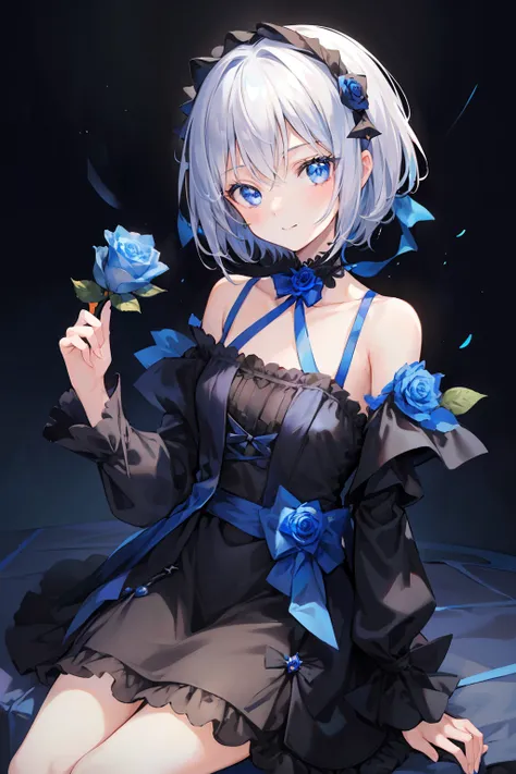 masterpiece, hyper quality, 1girl, solo girl, silver hair, blue eyes, sharp eyes, straight hair, (short hair), ((shoulder-length hair)), a black dress, ribbons, frilled, long sleeves, holding a blue rose, a blue rose, (with a blue rose in one hand), sittin...