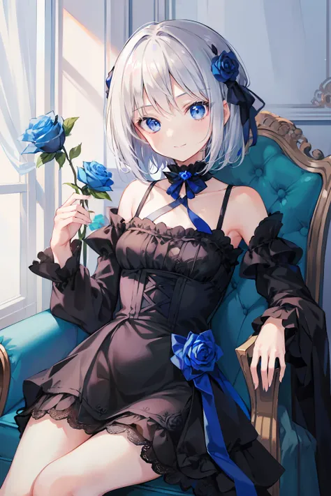 masterpiece, hyper quality, 1girl, solo girl, silver hair, blue eyes, sharp eyes, straight hair, (short hair), ((shoulder-length hair)), a black dress, frilled, long sleeves, holding a blue rose, a blue rose, (with a blue rose in one hand), sitting on the ...