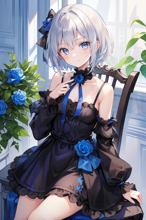 masterpiece, hyper quality, 1girl, solo girl, silver hair, blue eyes, sharp eyes, straight hair, (short hair), ((shoulder-length hair)), a black dress, frilled, long sleeves, holding a blue rose, a blue rose, (with a blue rose in one hand), sitting on the ...