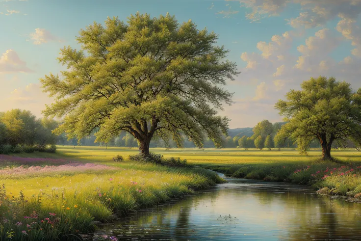 paysage,arbres, Eau, Country flowers,(Highly detailed CG Unit 8k wallpaper), The most beautiful work of art in the world, Professional majestic oil painting, complexe, High detail, mise au point nette, dramatique, Art of photorealist painting