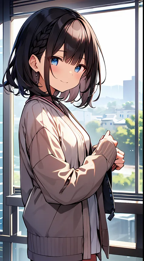 masutepiece, Best Quality,Illustration, Wallpaper, Ultra Detail, 1girl in,Solo,Beautiful detailed eyes,Very thick contour lines、Medium Short-Cut Hair、Short, Braided hair、(student clothes)、Dark hair color、a serene smile、Walking next door、Kamimei、Overlooking...