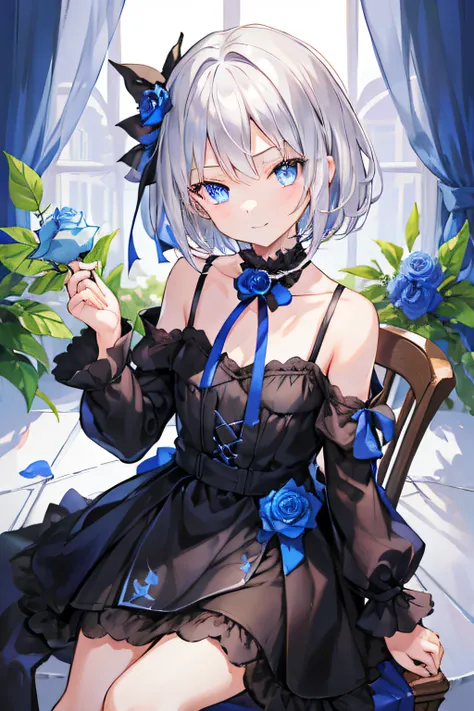 masterpiece, hyper quality, 1girl, solo girl, silver hair, blue eyes, sharp eyes, straight hair, (short hair), ((shoulder-length hair)), a black dress, ribbons, frilled, long sleeves, holding a blue rose, a blue rose, (with a blue rose in one hand), sittin...