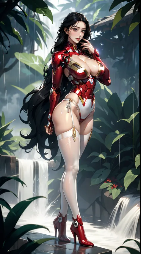 tmasterpiece，（Full body like:1.1），Busty woman，Beautiful and charming woman face，Iron Man transparent bikini style uniform，white stockings，largeeyes，，High-heeled leather shoes， 1female，Thin waist，long leges，nakeness，Raised sexy，extremely large bosom，Bare br...