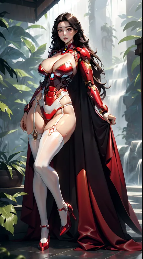 tmasterpiece，（Full body like:1.1），Busty woman，Beautiful and charming woman face，Iron Man transparent bikini style uniform，white stockings，largeeyes，，High-heeled leather shoes， 1female，Thin waist，long leges，nakeness，Raised sexy，extremely large bosom，Bare br...