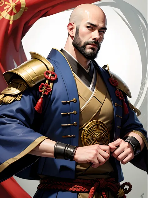 Handsome beard bald muscular kimono samurai warrior medieval