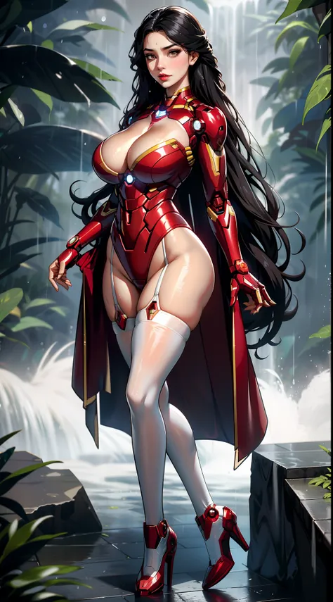 tmasterpiece，（Full body like:1.1），Busty woman，Beautiful and charming woman face，Iron Man transparent bikini style uniform，white stockings，largeeyes，，High-heeled leather shoes， 1female，Thin waist，long leges，nakeness，Raised sexy，extremely large bosom，Bare br...