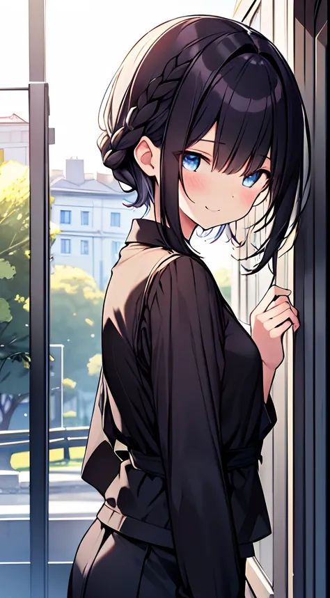 masutepiece, Best Quality,Illustration, Wallpaper, Ultra Detail, 1girl in,Solo,Beautiful detailed eyes,Very thick contour lines、Medium Short-Cut Hair、Short, Braided hair、(student clothes)、Dark hair color、a serene smile、Walking next door、Kamimei、Overlooking...