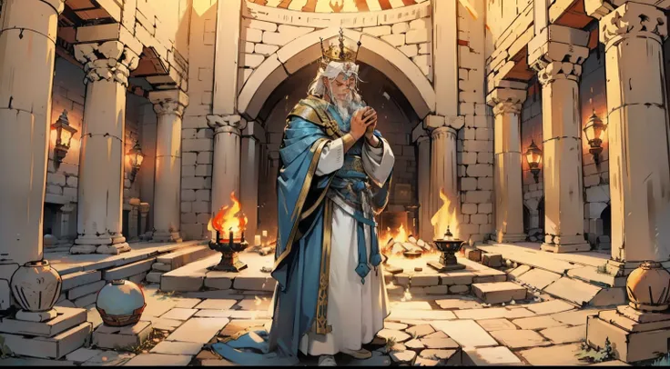 rotated, Persian king with white hair and crown and long Blue cloak  pray in the fire temple, insideand middle the temple is very big round fireplace,