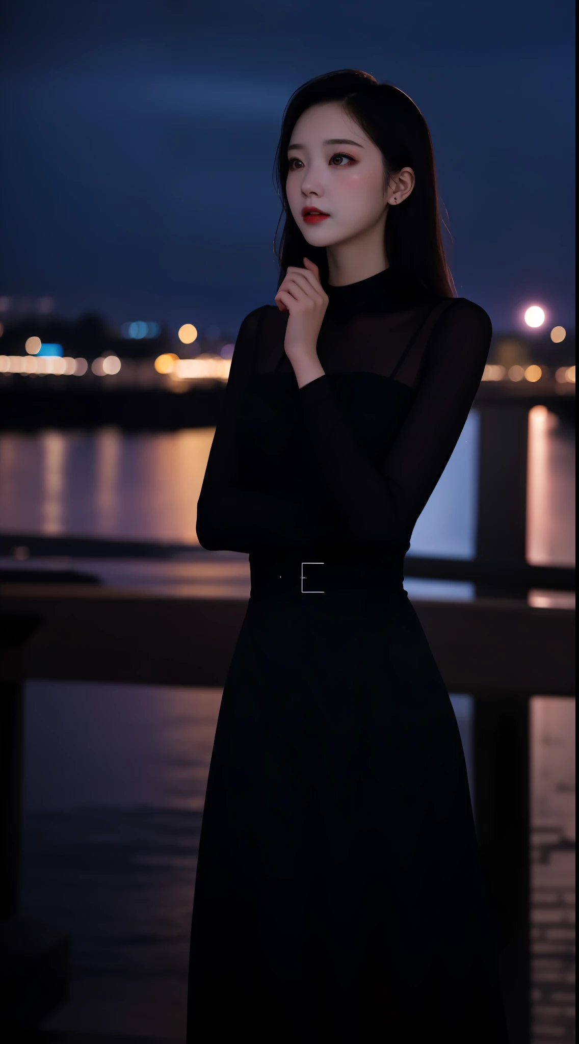 1girll，fully body photo，idoly，Mannequin，depth of fields，cinematic ligh，the face，being thin，grieves，Depressive，Sad，Looking Up The Sky，cinematic ligh，black long dress，self-shot，natta，bridge，City lights