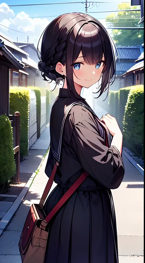 masutepiece, Best Quality,Illustration, Wallpaper, Ultra Detail, 1girl in,Solo,Beautiful detailed eyes,Very thick contour lines、Medium Short-Cut Hair、Short, Braided hair、(student clothes)、Dark hair color、a serene smile、Walking next door、Kamimei、Overlooking...