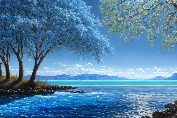 paysage imaginaire, Eau bleu cobalt(Highly detailed CG Unit 8k wallpaper), The most beautiful work of art in the world, Professional majestic oil painting, complexe, High detail, mise au point nette, dramatique, Art of photorealist painting