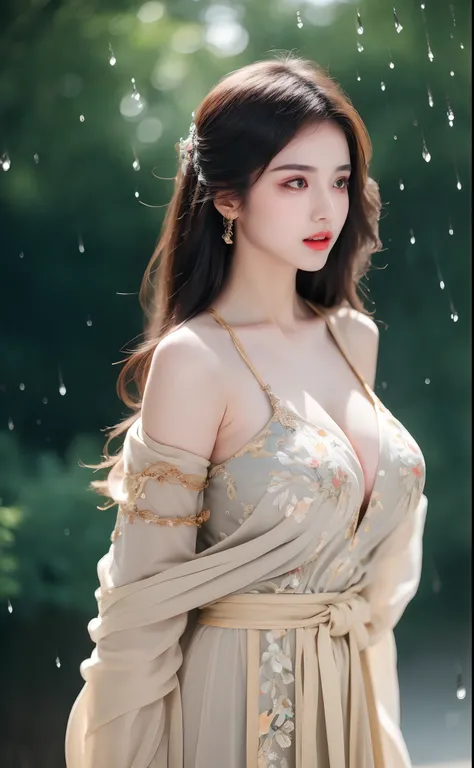 ((Best Quality, 8k, Masterpiece: 1.3)), Focus: 1.2, Perfect Body Beauty: 1.4, Buttocks: 1.2, ((Layered Haircut)), (Wet Clothes: 1.1), (Rain, Street:1.3), (Breasts: 1.2), (Hanfu: 1.2), Bare Shoulders, Bare Legs, Highly Detailed Face and Skin Texture, Fine E...