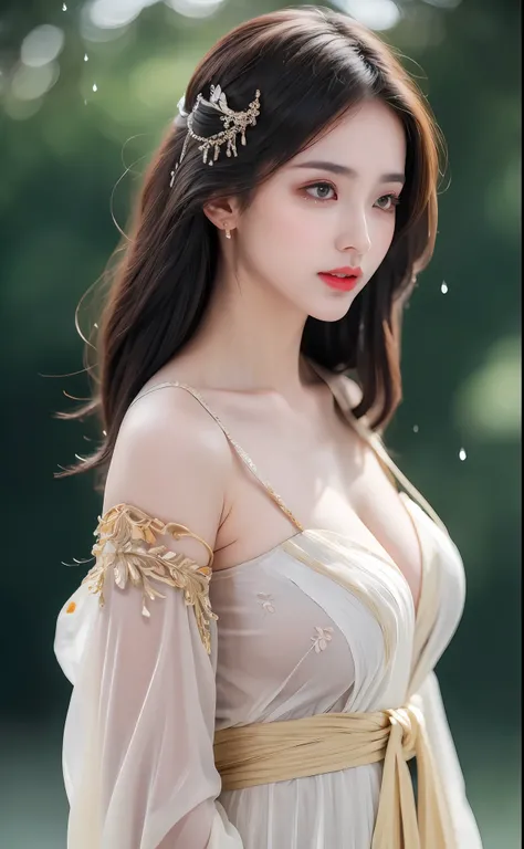 ((Best Quality, 8k, Masterpiece: 1.3)), Focus: 1.2, Perfect Body Beauty: 1.4, Buttocks: 1.2, ((Layered Haircut)), (Wet Clothes: 1.1), (Rain, Street:1.3), (Breasts: 1.2), (Hanfu: 1.2), Bare Shoulders, Bare Legs, Highly Detailed Face and Skin Texture, Fine E...