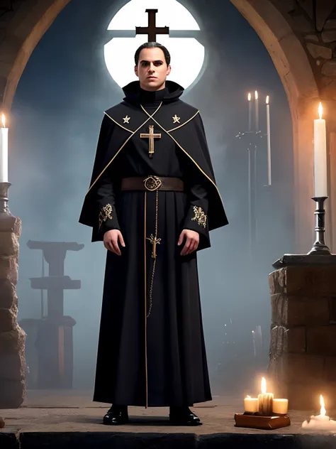 A Catholic exorcist priest in a cassock, jovem de 25 anos para RPG