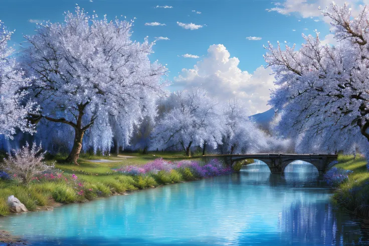 paysage imaginaire, cerisiers,  Eau bleu cobalt(Highly detailed CG Unit 8k wallpaper), The most beautiful work of art in the world, Professional majestic oil painting, complexe, High detail, mise au point nette, dramatique, Art of photorealist painting