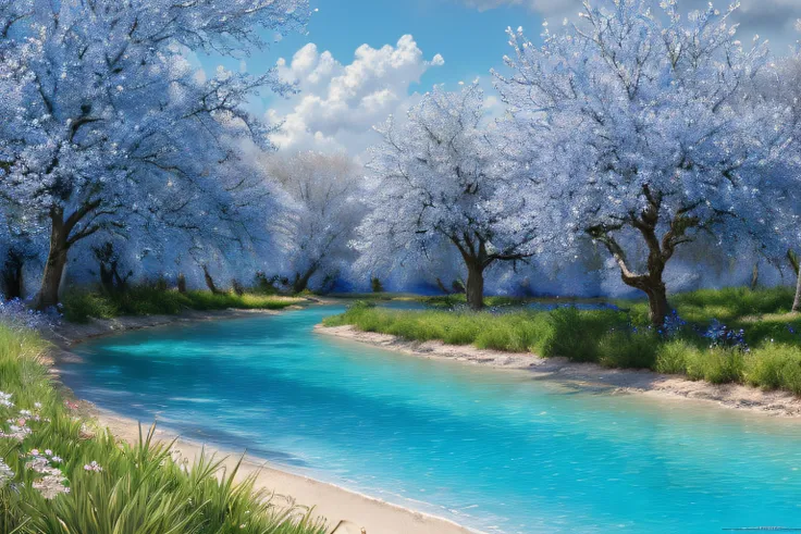 paysage imaginaire, cerisiers, mer Eau bleu cobalt(Highly detailed CG Unit 8k wallpaper), The most beautiful work of art in the world, Professional majestic oil painting, complexe, High detail, mise au point nette, dramatique, Art of photorealist painting