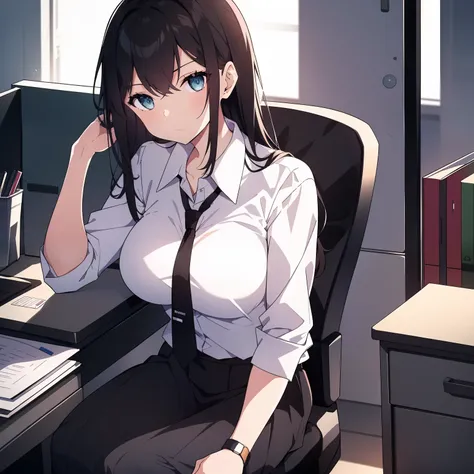 A woman with black hair and a bored expression is sitting at a desk in an office, wearing a white shirt and a black skirt. She has a caption that says: “I am an ordinary white-collar worker, living a dull and uneventful life.”