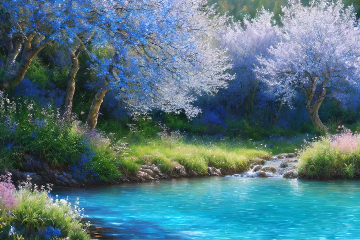 paysage imaginaire, cerisiers, mer Eau bleu cobalt(Highly detailed CG Unit 8k wallpaper), The most beautiful work of art in the world, Professional majestic oil painting, complexe, High detail, mise au point nette, dramatique, Art of photorealist painting