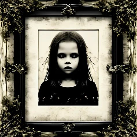 12 year old girl in a black dress in a dark forest frame from a horror movie