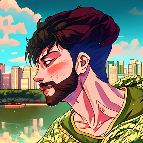 anime man with beard and mustache in front of a city skyline, anime portrait of a handsome man, kentaro miura manga art style, kentaro miura art style, digital anime illustration, kentaro miura manga style, anime handsome man, inspired by Kentaro Miura, an...