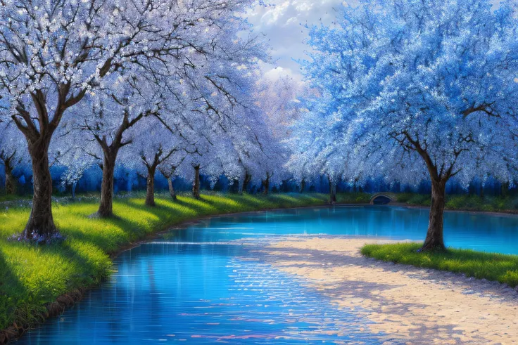 paysage imaginaire, cerisiers, Eau bleu cobalt(Highly detailed CG Unit 8k wallpaper), The most beautiful work of art in the world, Professional majestic oil painting, complexe, High detail, mise au point nette, dramatique, Art of photorealist painting