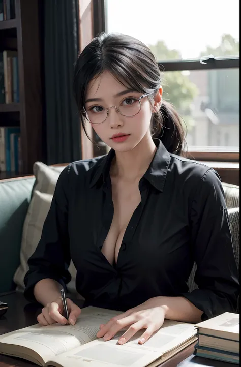 20 yo woman, black hair, short ponytail, thin frame glasses, thinking face, (wearing opened button shirt,medium breasts with cleavage), sitting, studying, BREAK, lying hand on table, holding pencil, opened book, books, a cup off milk, table lamp, BREAK, in...